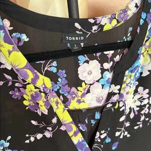 Torrid Black Top with Purple and Yellow Floral Design